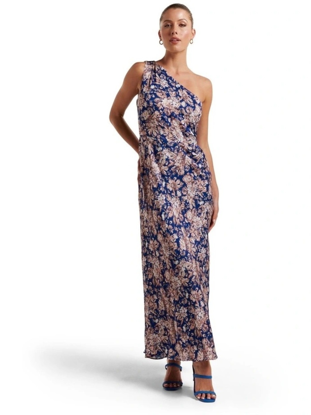 One shoulder, blue floral, new with tags, 100%  viscose, Ever New, long dress